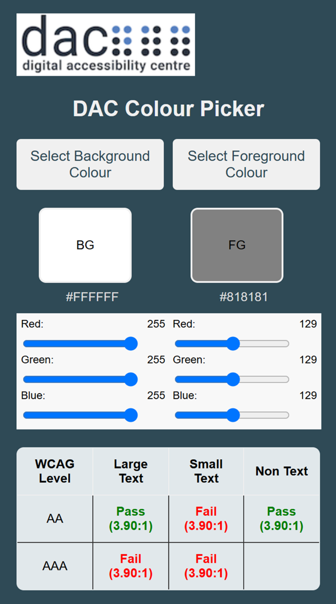 Colour contrast checker checking grey text on a white background. It doesn't pass the WCAG contrast ratio requirements of 4 point 5 to one , failing at 3 point 9 to one. 